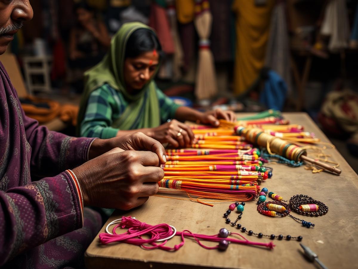 Artisans crafting handmade rakhis in the SP Rakhi Creation workshop
